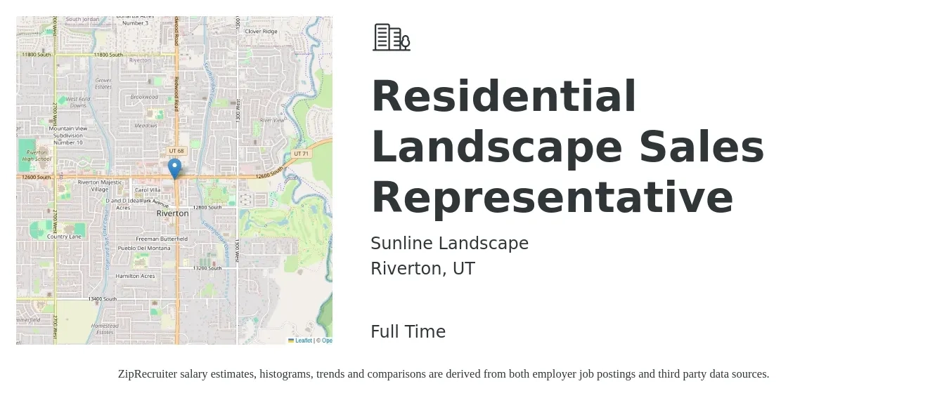 Sunline Landscape job posting for a Residential Landscape Sales Representative in Riverton, UT with a salary of $48,200 to $74,300 Yearly with a map of Riverton location.