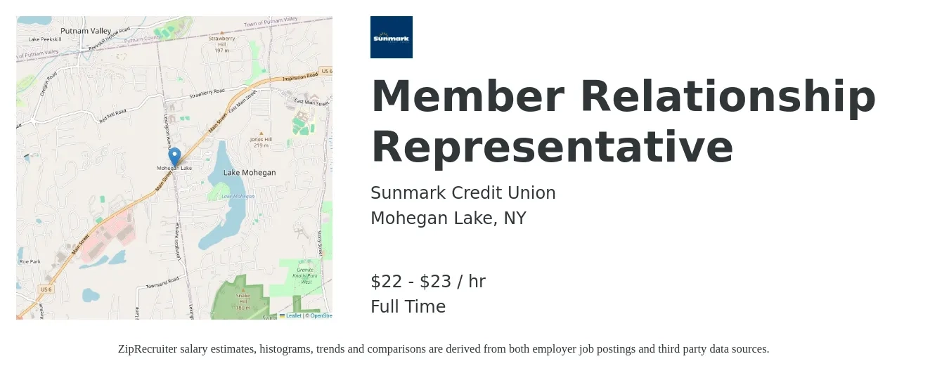 Sunmark Credit Union job posting for a Member Relationship Representative in Mohegan Lake, NY with a salary of $23 to $24 Hourly with a map of Mohegan Lake location.