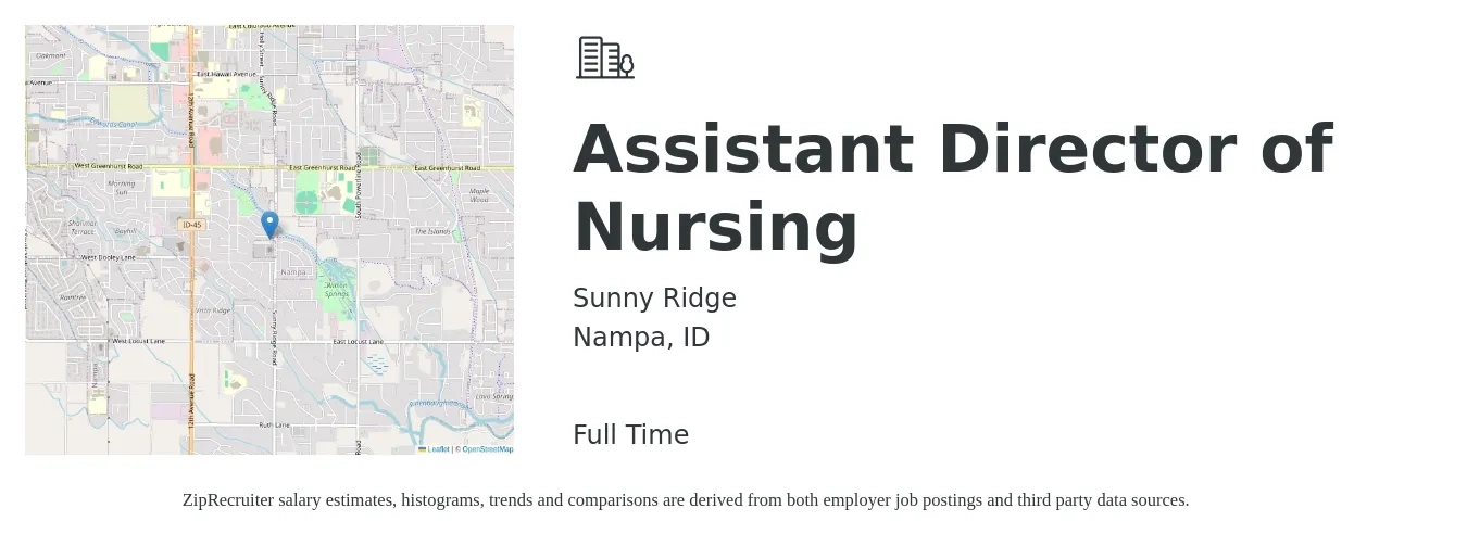 Sunny Ridge job posting for a Assistant Director of Nursing in Nampa, ID with a salary of $72,200 to $96,000 Yearly with a map of Nampa location.