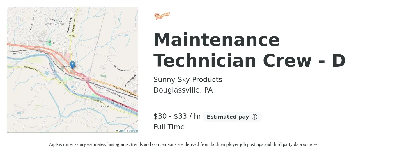 Sunny Sky Products job posting for a Maintenance Technician Crew - D in Douglassville, PA with a salary of $32 to $35 Hourly with a map of Douglassville location.