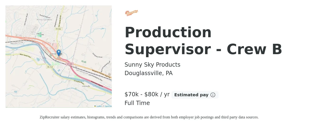 Sunny Sky Products job posting for a Production Supervisor - Crew B in Douglassville, PA with a salary of $70,000 to $80,000 Yearly with a map of Douglassville location.