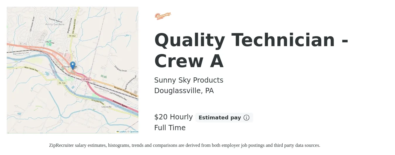 Sunny Sky Products job posting for a Quality Technician - Crew A in Douglassville, PA with a salary of $22 Hourly with a map of Douglassville location.