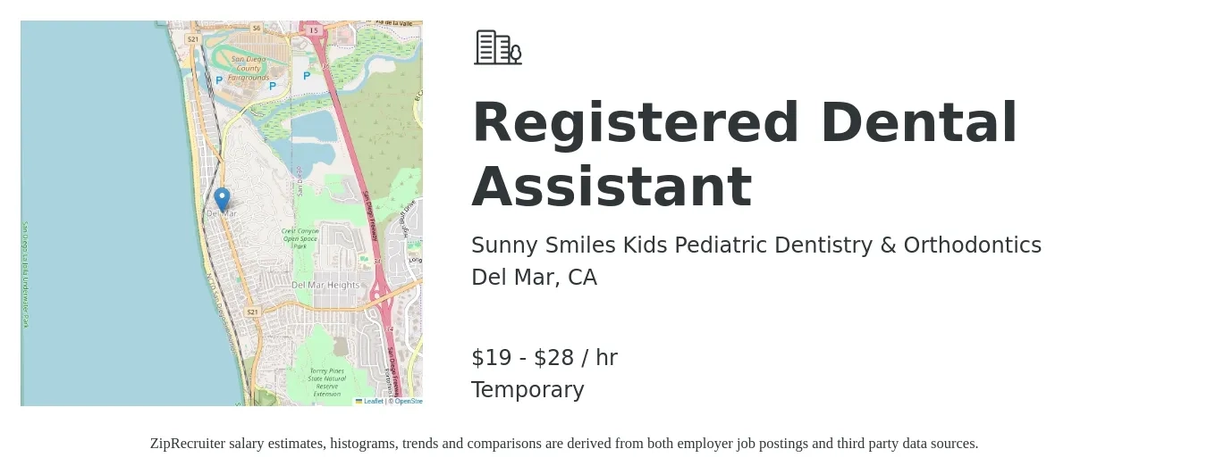 Sunny Smiles Kids Pediatric Dentistry & Orthodontics job posting for a Registered Dental Assistant in Del Mar, CA with a salary of $20 to $30 Hourly with a map of Del Mar location.