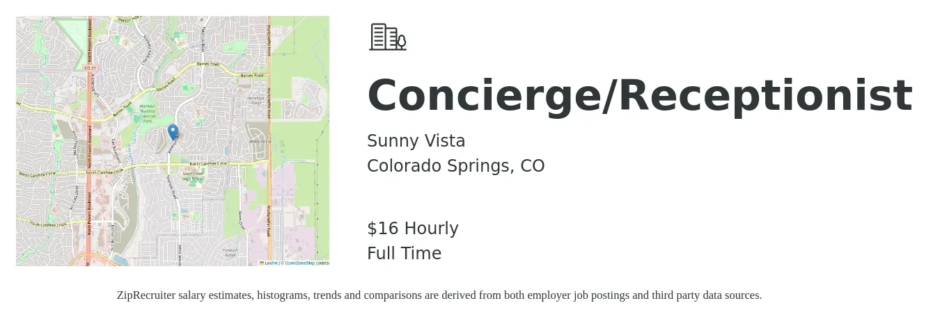 Sunny Vista job posting for a Concierge/Receptionist in Colorado Springs, CO with a salary of $16 to $17 Hourly with a map of Colorado Springs location.
