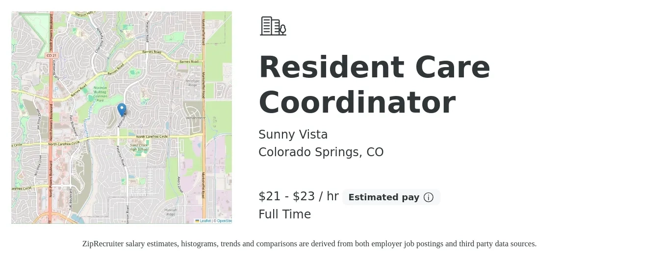 Sunny Vista job posting for a Resident Care Coordinator in Colorado Springs, CO with a salary of $22 to $24 Hourly with a map of Colorado Springs location.
