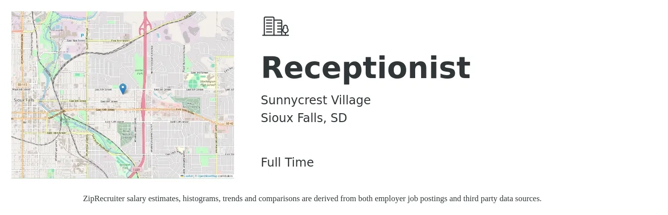 Sunnycrest Village job posting for a Receptionist in Sioux Falls, SD with a salary of $16 to $21 Hourly with a map of Sioux Falls location.