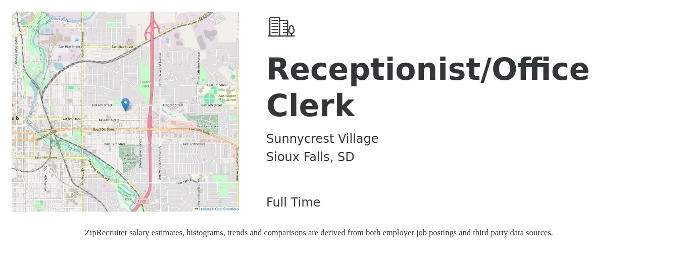Sunnycrest Village job posting for a Receptionist/Office Clerk in Sioux Falls, SD with a salary of $15 to $20 Hourly with a map of Sioux Falls location.