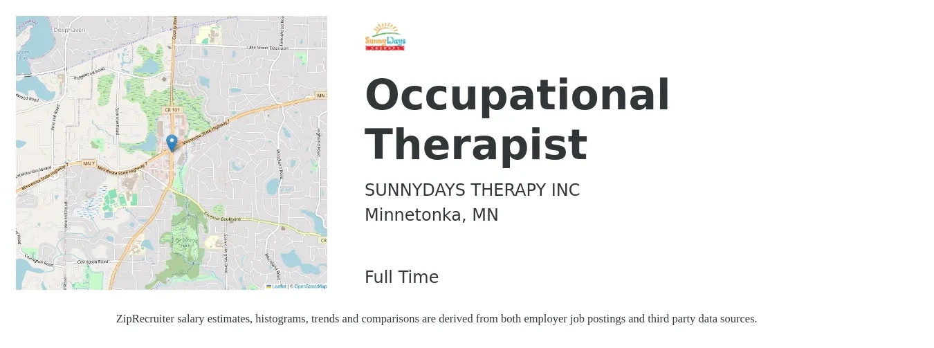SUNNYDAYS THERAPY INC job posting for a Occupational Therapist in Minnetonka, MN with a salary of $41 to $54 Hourly with a map of Minnetonka location.
