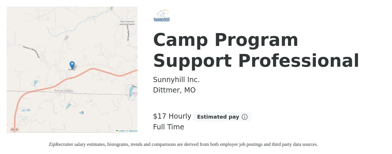 Sunnyhill Inc. job posting for a Camp Program Support Professional in Dittmer, MO with a salary of $36,300 to $42,400 Yearly with a map of Dittmer location.