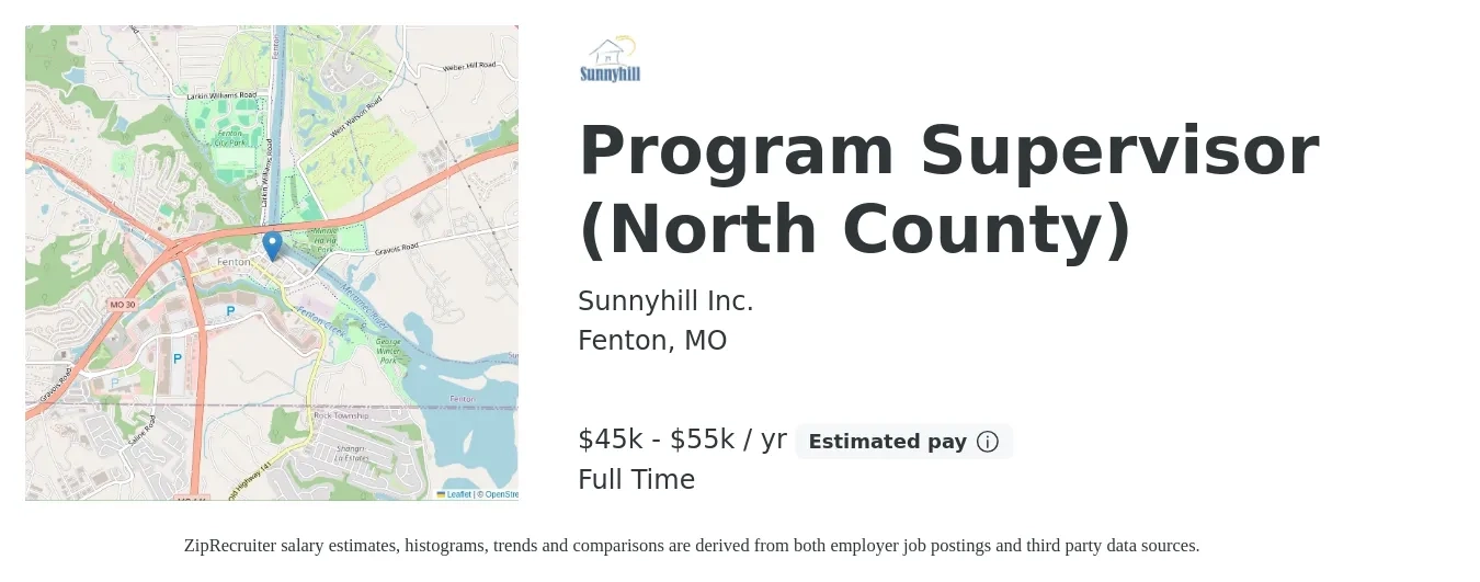 Sunnyhill Inc. job posting for a Program Supervisor (North County) in Fenton, MO with a salary of $45,000 to $55,000 Yearly with a map of Fenton location.