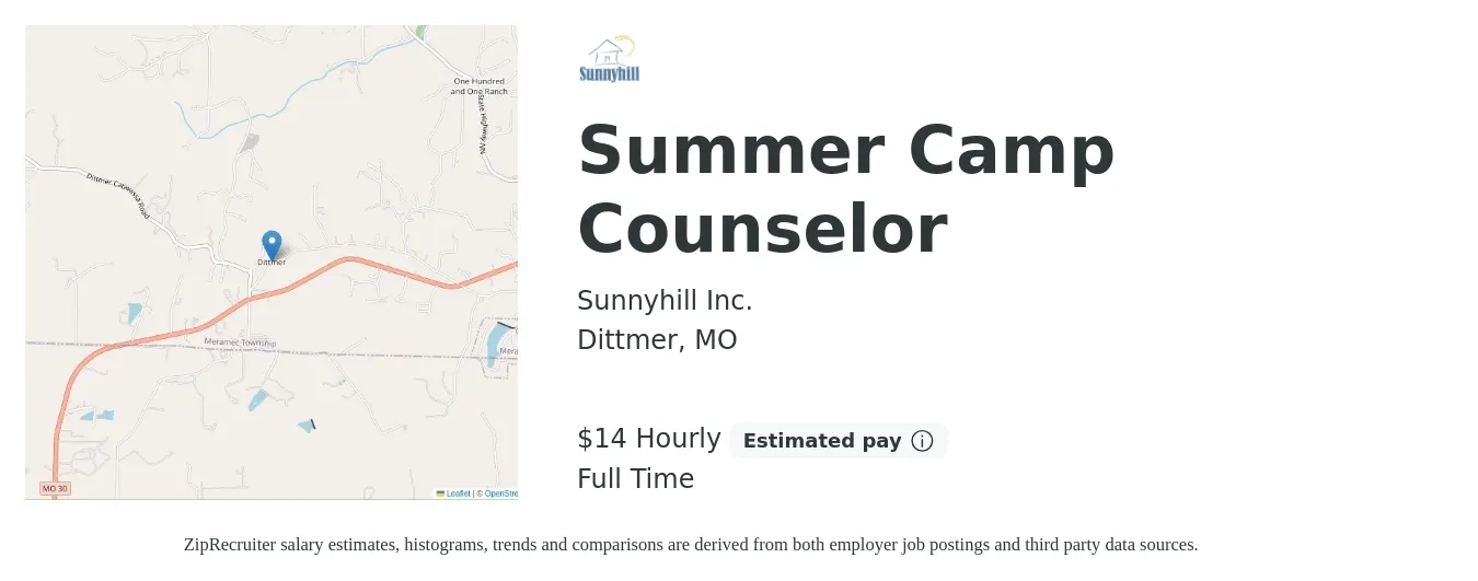 Sunnyhill Inc. job posting for a Summer Camp Counselor in Dittmer, MO with a salary of $12 to $16 Hourly with a map of Dittmer location.