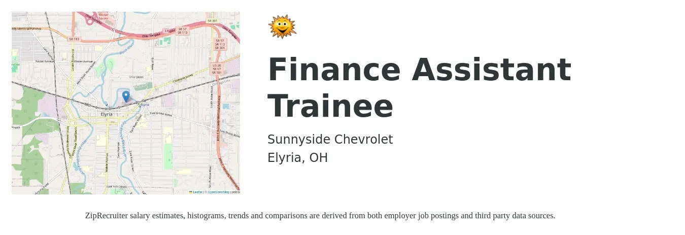 Sunnyside Chevrolet job posting for a Finance Assistant Trainee in Elyria, OH with a salary of $17 to $25 Hourly with a map of Elyria location.