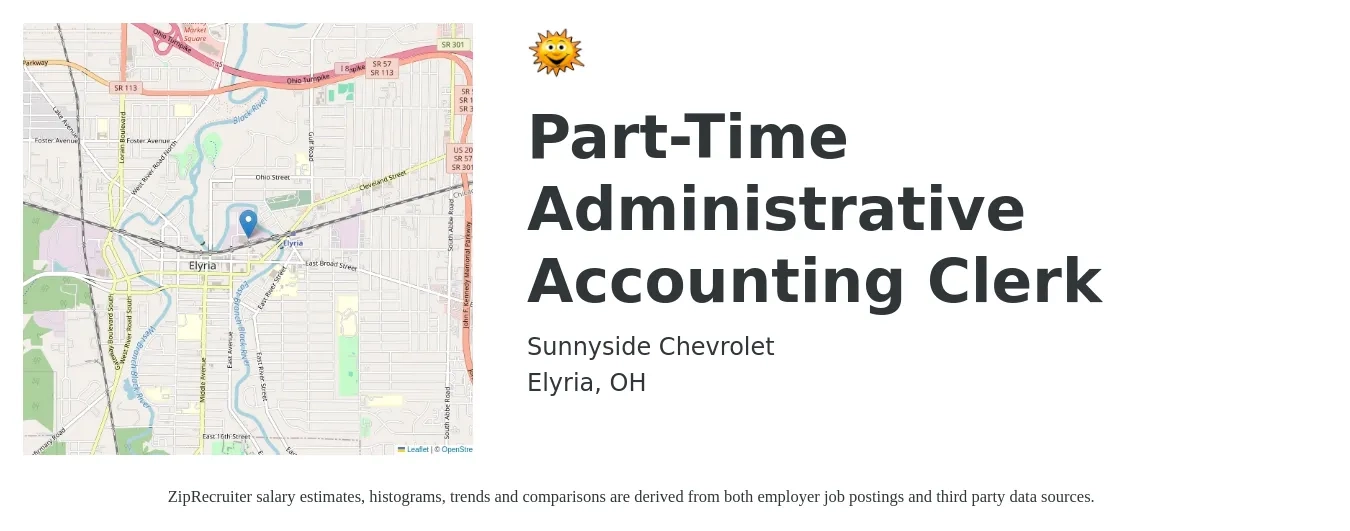 Sunnyside Chevrolet job posting for a Part-Time Administrative Accounting Clerk in Elyria, OH with a salary of $17 to $22 Hourly with a map of Elyria location.
