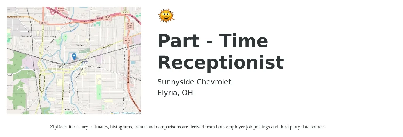 Sunnyside Chevrolet job posting for a Part - Time Receptionist in Elyria, OH with a salary of $14 to $19 Hourly with a map of Elyria location.