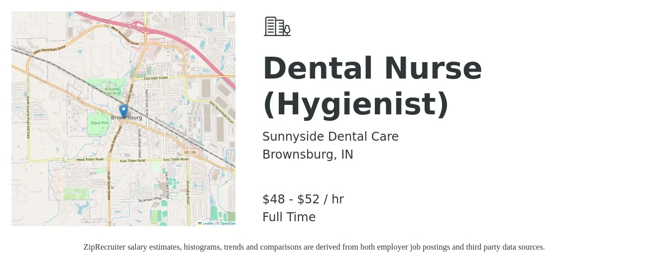 Sunnyside Dental Care job posting for a Dental Nurse (Hygienist) in Brownsburg, IN with a salary of $50 Hourly with a map of Brownsburg location.