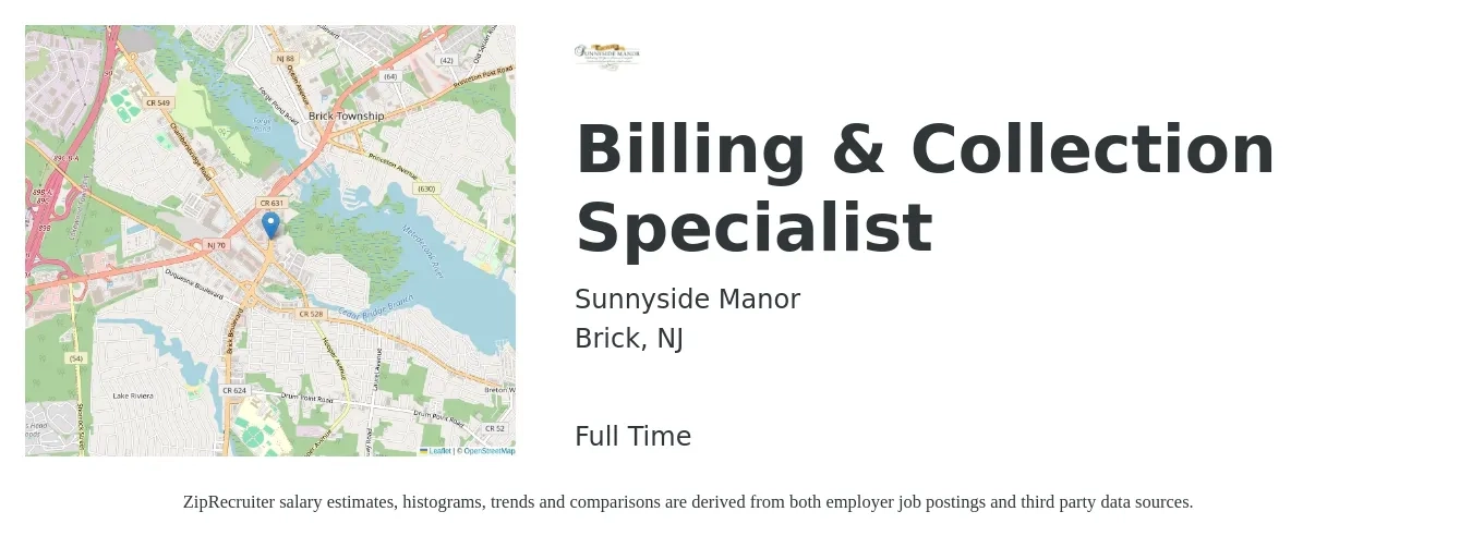 Sunnyside Manor job posting for a Billing & Collection Specialist in Brick, NJ with a salary of $20 to $27 Hourly with a map of Brick location.