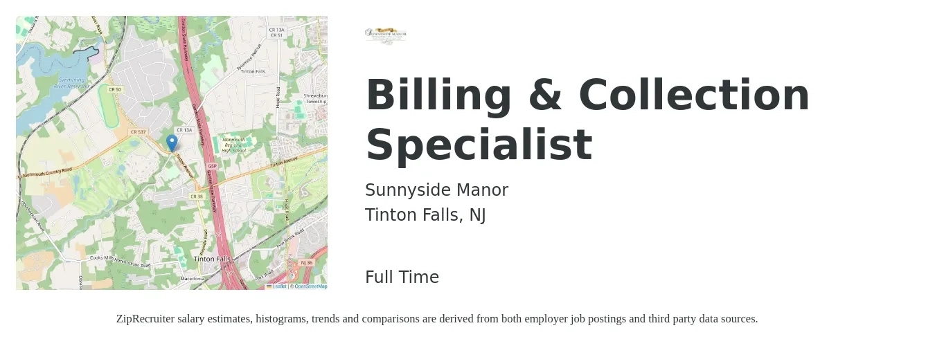 Sunnyside Manor job posting for a Billing & Collection Specialist in Tinton Falls, NJ with a salary of $19 to $26 Hourly with a map of Tinton Falls location.