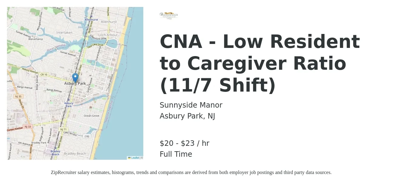 Sunnyside Manor job posting for a CNA - Low Resident to Caregiver Ratio (11/7 Shift) in Asbury Park, NJ with a salary of $21 to $24 Hourly with a map of Asbury Park location.