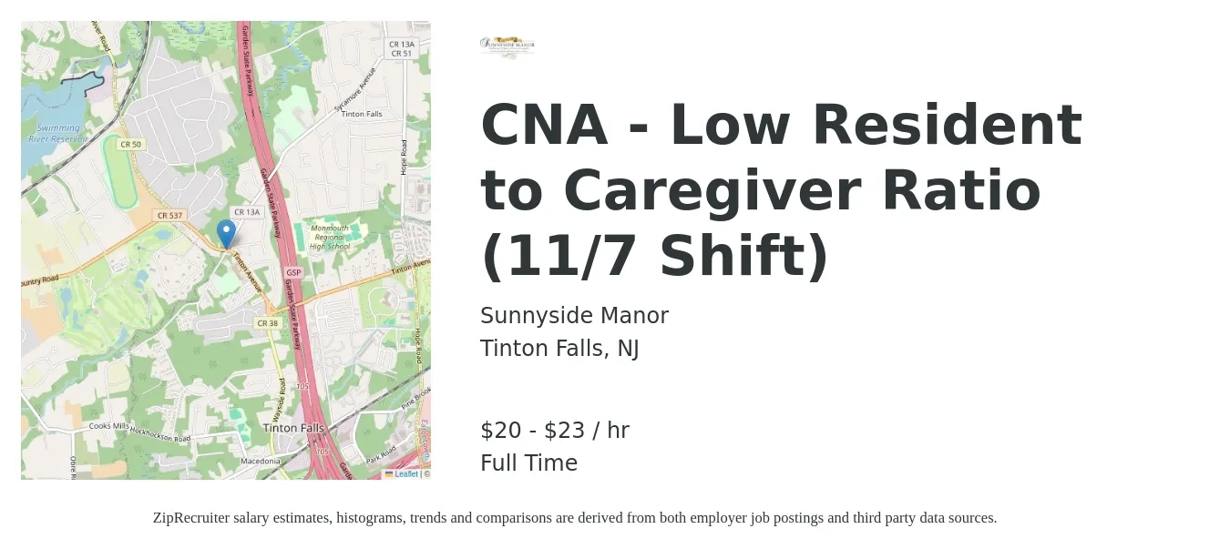 Sunnyside Manor job posting for a CNA - Low Resident to Caregiver Ratio (11/7 Shift) in Tinton Falls, NJ with a salary of $21 to $24 Hourly with a map of Tinton Falls location.
