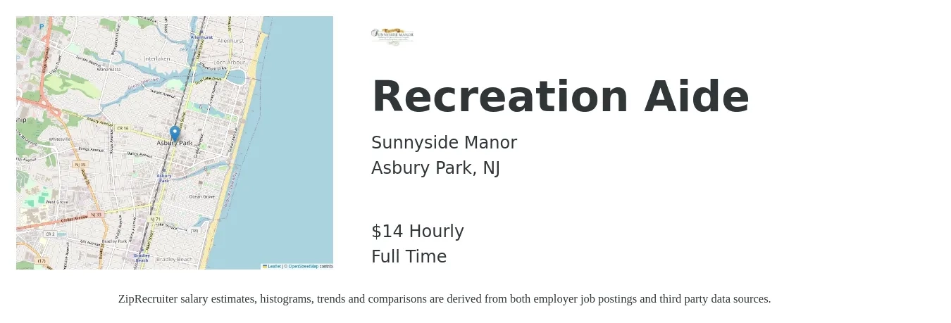 Sunnyside Manor job posting for a Recreation Aide in Asbury Park, NJ with a salary of $15 Hourly with a map of Asbury Park location.