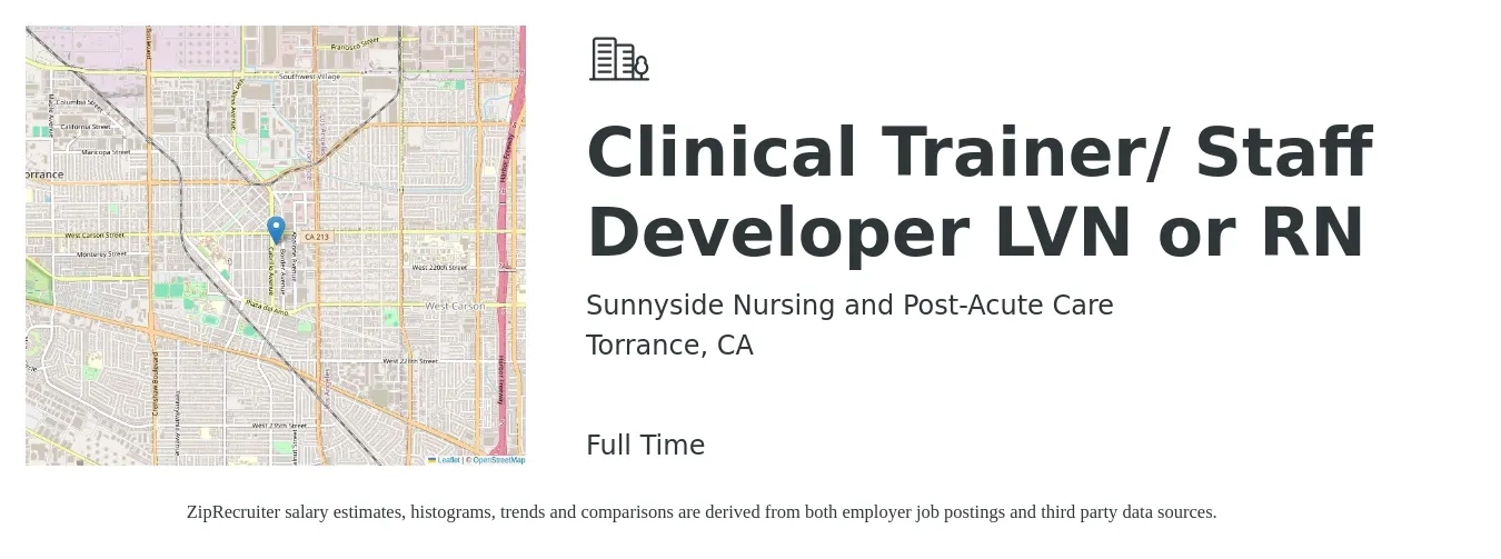 Sunnyside Nursing and Post-Acute Care job posting for a Clinical Trainer/ Staff Developer LVN or RN in Torrance, CA with a salary of $90,000 Yearly with a map of Torrance location.