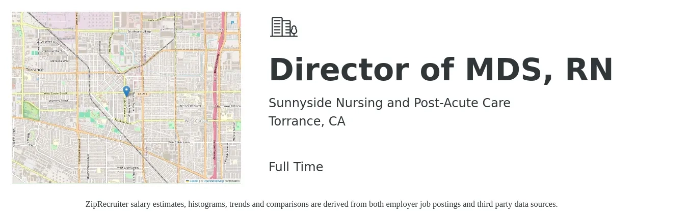 Sunnyside Nursing and Post-Acute Care job posting for a Director of MDS, RN in Torrance, CA with a salary of $55 to $60 Hourly with a map of Torrance location.