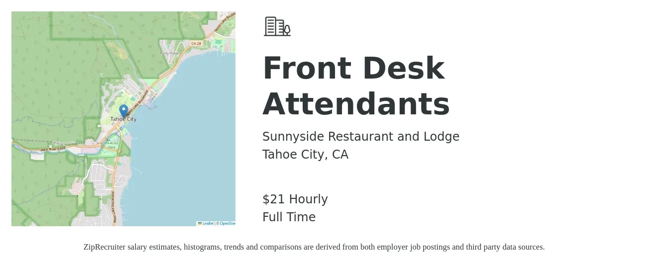 Sunnyside Restaurant and Lodge job posting for a Front Desk Attendants in Tahoe City, CA with a salary of $22 Hourly with a map of Tahoe City location.