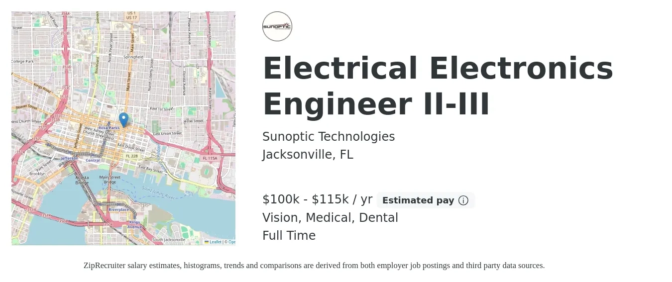 Sunoptic Technologies job posting for a Electrical Electronics Engineer II-III in Jacksonville, FL with a salary of $100,000 to $115,000 Yearly and benefits including retirement, vision, dental, life_insurance, and medical with a map of Jacksonville location.