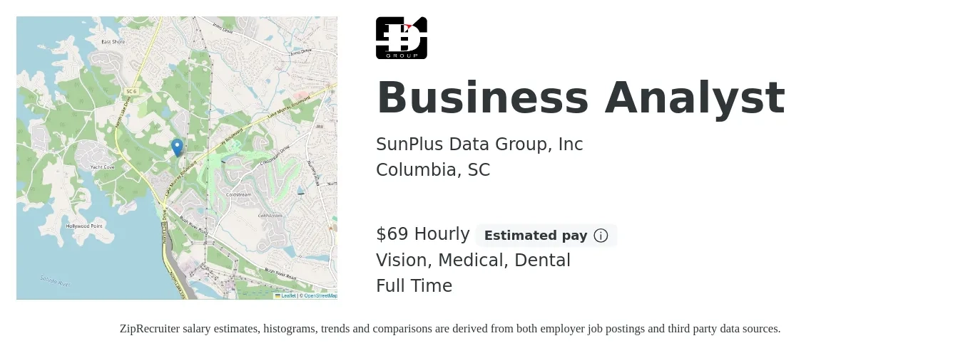 SunPlus Data Group, Inc job posting for a Business Analyst in Columbia, SC with a salary of $72 Hourly and benefits including dental, life_insurance, medical, and vision with a map of Columbia location.