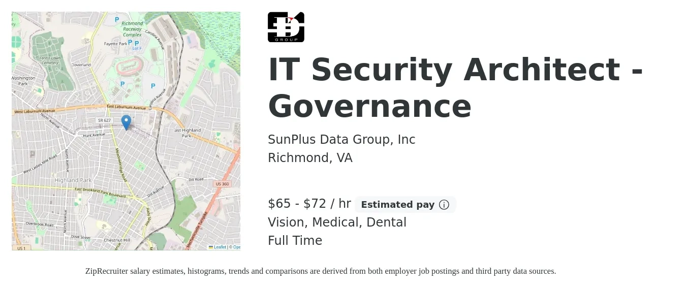 SunPlus Data Group, Inc job posting for a IT Security Architect - Governance in Richmond, VA with a salary of $68 to $75 Hourly and benefits including medical, vision, and dental with a map of Richmond location.