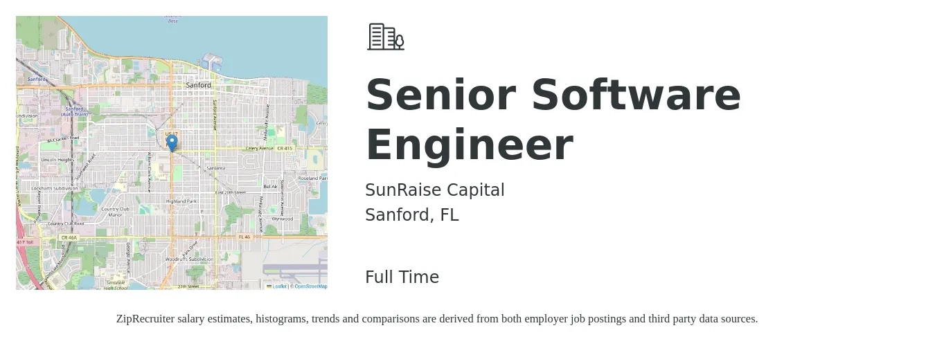 SunRaise Capital job posting for a Senior Software Engineer in Sanford, FL with a salary of $110,300 to $145,500 Yearly with a map of Sanford location.