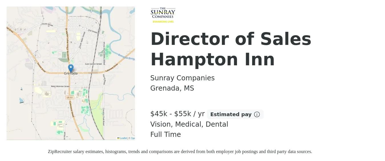 Sunray Companies job posting for a Director of Sales Hampton Inn in Grenada, MS with a salary of $45,000 to $55,000 Yearly and benefits including retirement, vision, dental, life_insurance, and medical with a map of Grenada location.