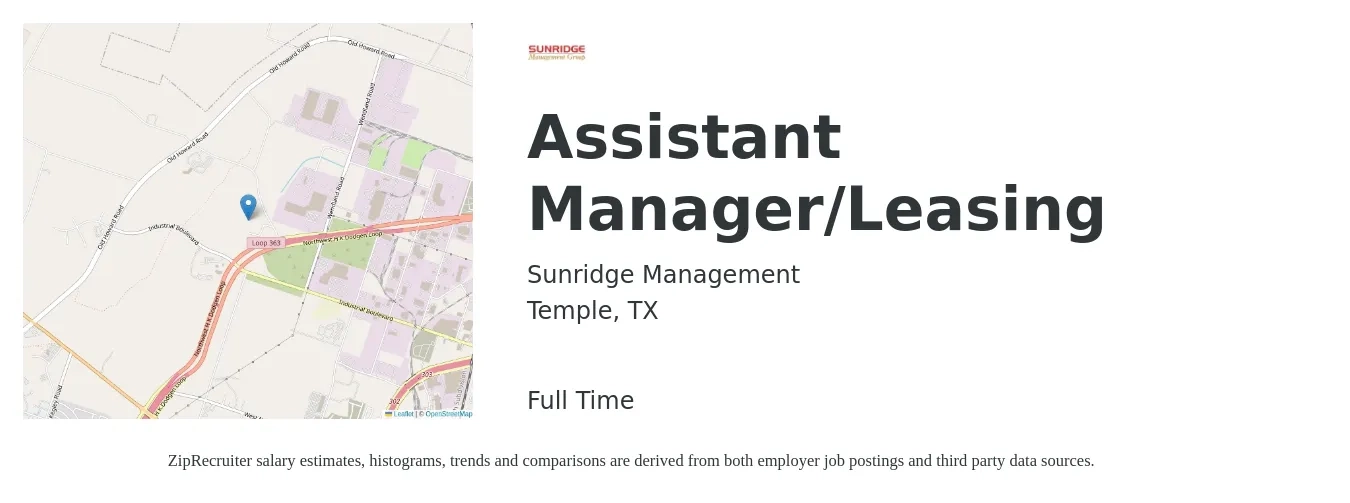 Sunridge Management job posting for a Assistant Manager/Leasing in Temple, TX with a salary of $15 to $18 Hourly with a map of Temple location.