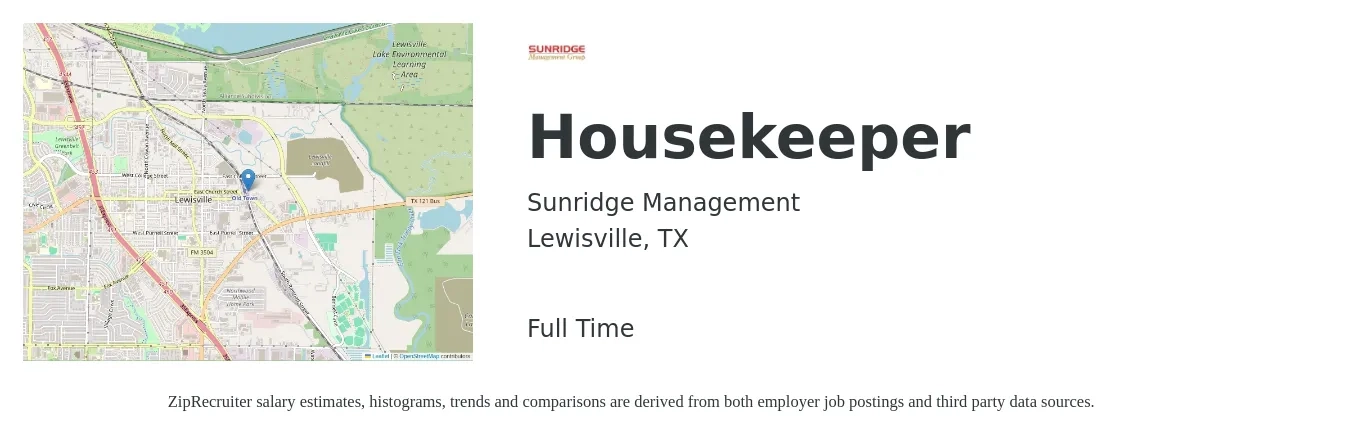 Sunridge Management job posting for a Housekeeper in Lewisville, TX with a salary of $13 to $17 Hourly with a map of Lewisville location.
