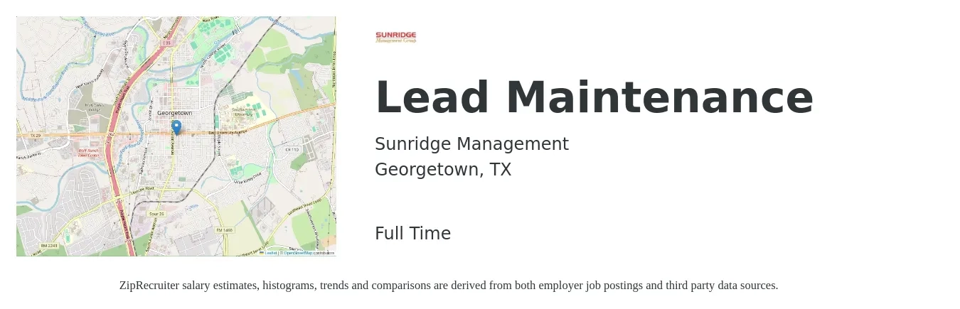 Sunridge Management job posting for a Lead Maintenance in Georgetown, TX with a salary of $22 to $37 Hourly with a map of Georgetown location.