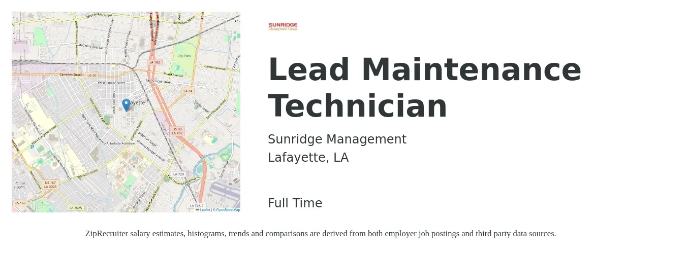 Sunridge Management job posting for a Lead Maintenance Technician in Lafayette, LA with a salary of $22 to $30 Hourly with a map of Lafayette location.