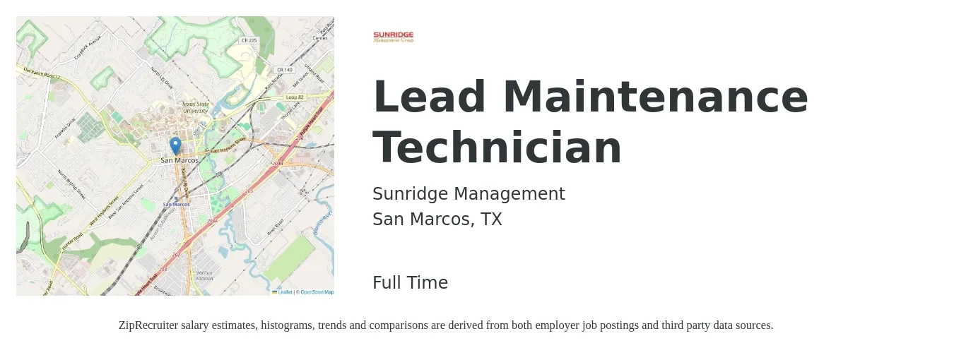 Sunridge Management job posting for a Lead Maintenance Technician in San Marcos, TX with a salary of $22 to $30 Hourly with a map of San Marcos location.