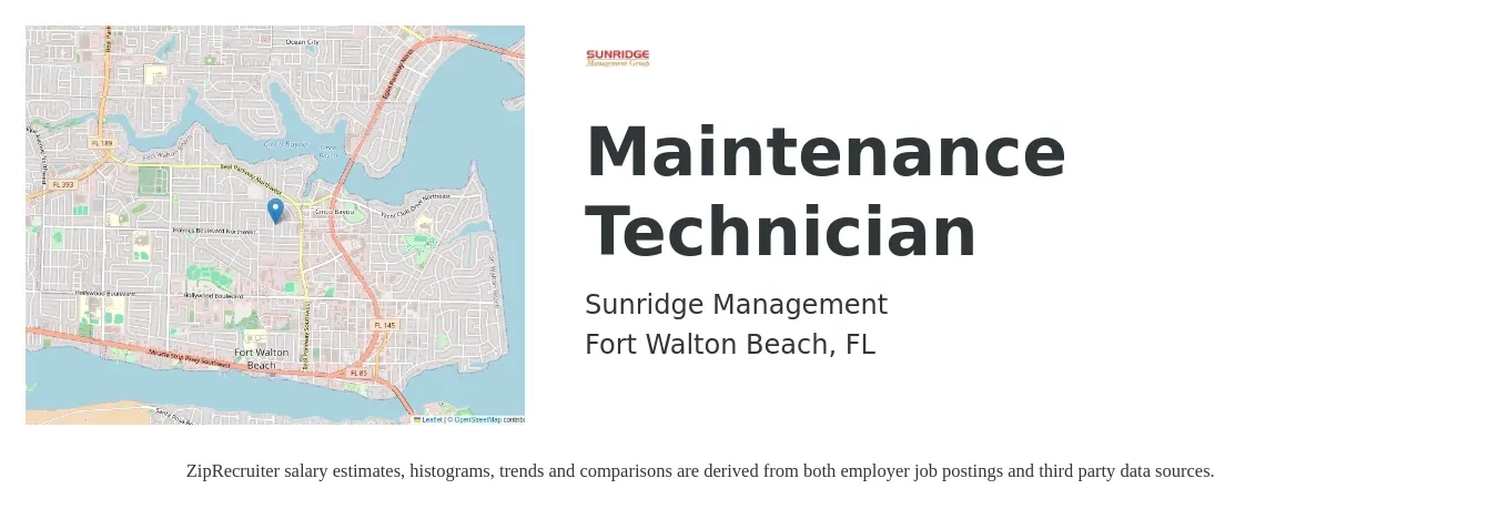 Sunridge Management job posting for a Maintenance Technician in Fort Walton Beach, FL with a salary of $16 to $22 Hourly with a map of Fort Walton Beach location.