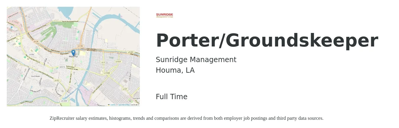 Sunridge Management job posting for a Porter/Groundskeeper in Houma, LA with a salary of $15 to $18 Hourly with a map of Houma location.
