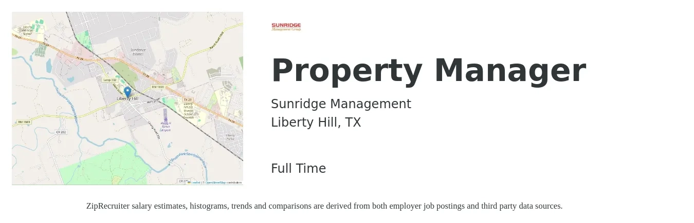 Sunridge Management job posting for a Property Manager in Liberty Hill, TX with a salary of $44,300 to $68,500 Yearly with a map of Liberty Hill location.
