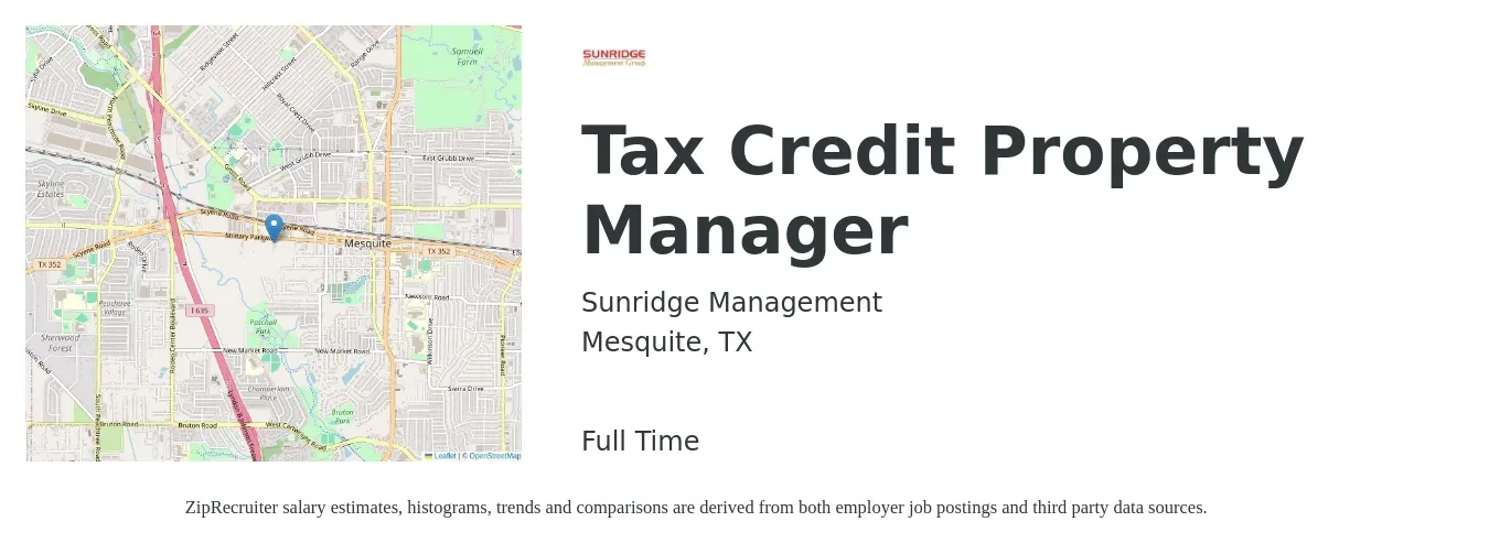 Sunridge Management job posting for a Tax Credit Property Manager in Mesquite, TX with a salary of $40,100 to $62,000 Yearly with a map of Mesquite location.