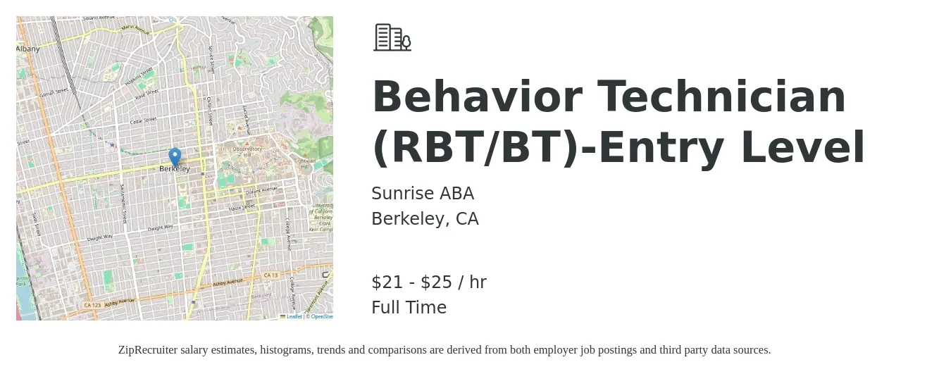 Sunrise ABA job posting for a Behavior Technician (RBT/BT)-Entry Level in Berkeley, CA with a salary of $22 to $27 Hourly with a map of Berkeley location.