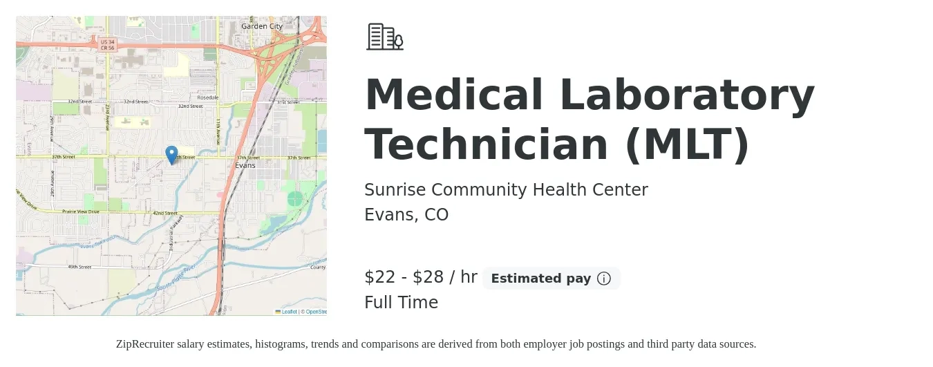 Sunrise Community Health Center job posting for a Medical Laboratory Technician (MLT) in Evans, CO with a salary of $23 to $30 Hourly with a map of Evans location.