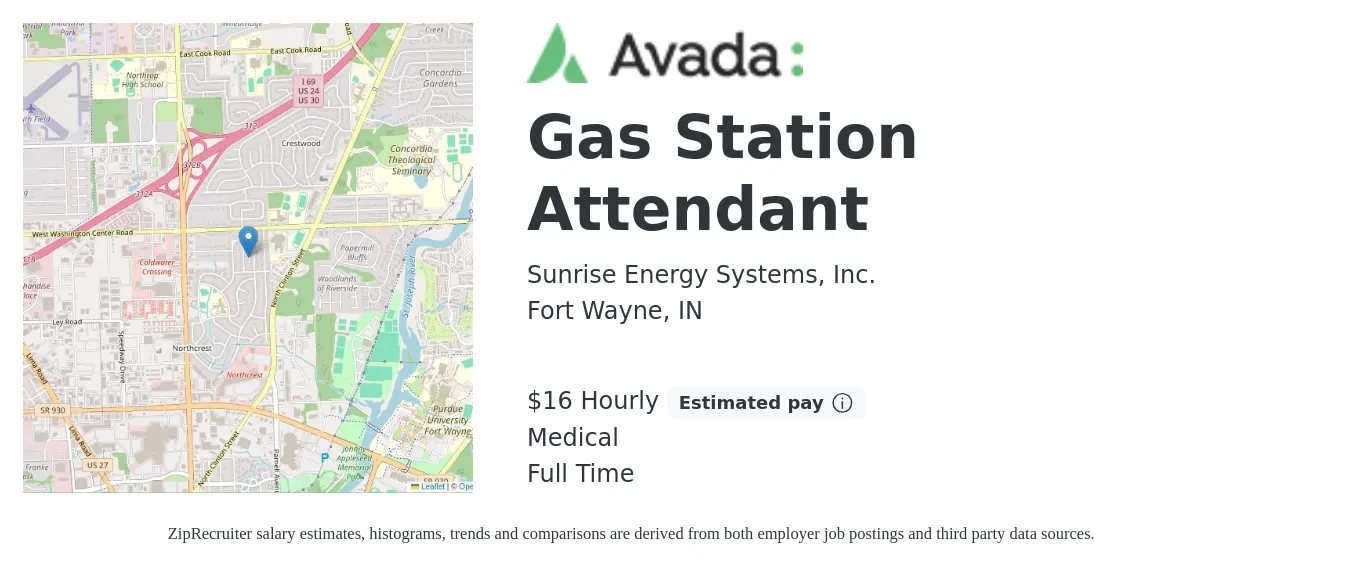 Sunrise Energy Systems, Inc. job posting for a Gas Station Attendant in Fort Wayne, IN with a salary of $17 Hourly and benefits including medical, and pto with a map of Fort Wayne location.