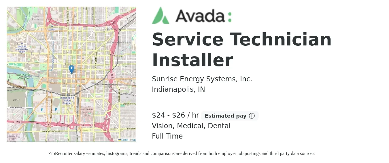 Sunrise Energy Systems, Inc. job posting for a Service Technician Installer in Indianapolis, IN with a salary of $25 to $28 Hourly and benefits including dental, medical, and vision with a map of Indianapolis location.