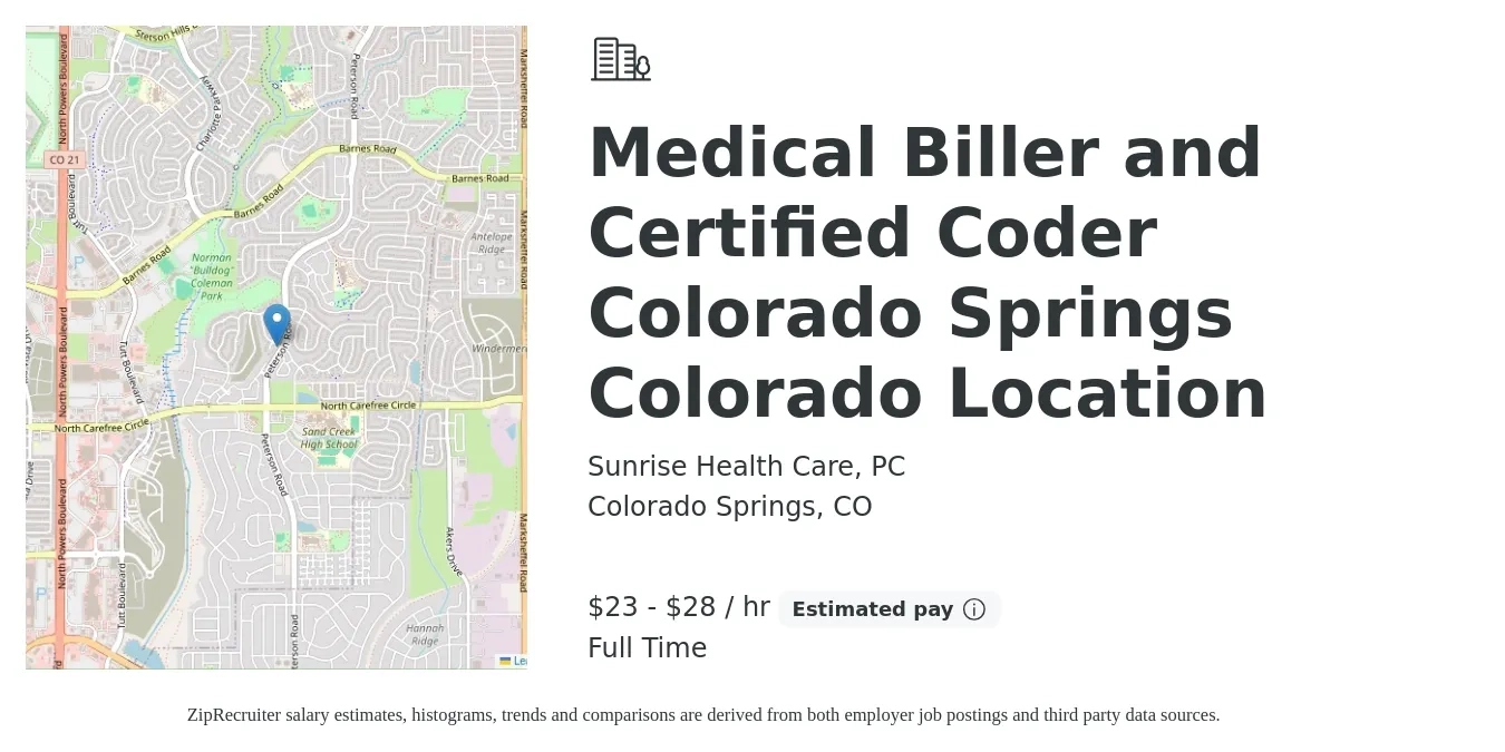 Sunrise Health Care, PC job posting for a Medical Biller and Certified Coder Colorado Springs Colorado Location in Colorado Springs, CO with a salary of $24 to $30 Hourly with a map of Colorado Springs location.