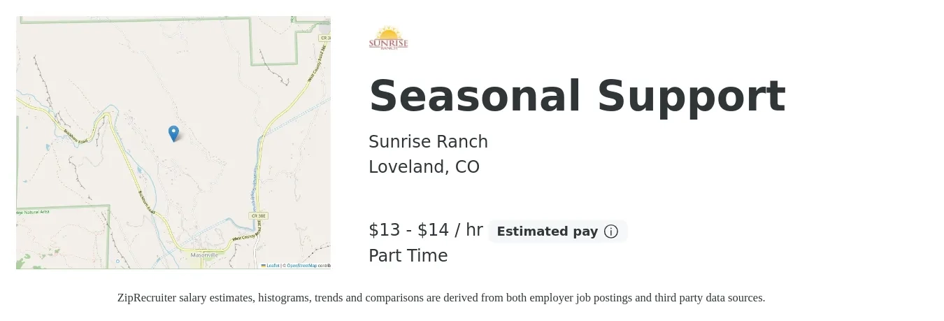 Sunrise Ranch job posting for a Seasonal Support in Loveland, CO with a salary of $14 to $16 Hourly with a map of Loveland location.