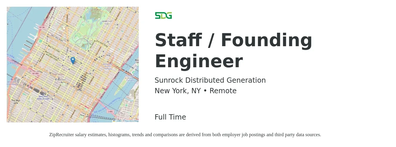 Sunrock Distributed Generation job posting for a Staff / Founding Engineer in New York, NY with a salary of $75,800 to $137,300 Yearly with a map of New York location.