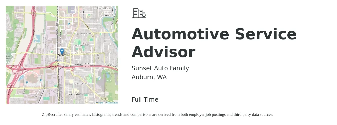 Sunset Auto Family job posting for a Automotive Service Advisor in Auburn, WA with a salary of $21 to $34 Hourly with a map of Auburn location.