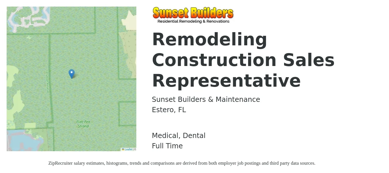 Sunset Builders & Maintenance job posting for a Remodeling Construction Sales Representative in Estero, FL with a salary of $53,800 to $86,700 Yearly and benefits including dental, medical, and retirement with a map of Estero location.